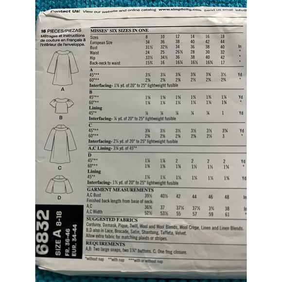 Simplicity 6832 Sewing pattern coat jacket cropped bolero size 8-18 - Picture 4 of 5